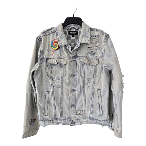 Pacsun Denim Jean Jacket Womens Sz M Distressed Embroidered StreetWear Exellent - Picture 1 of 16